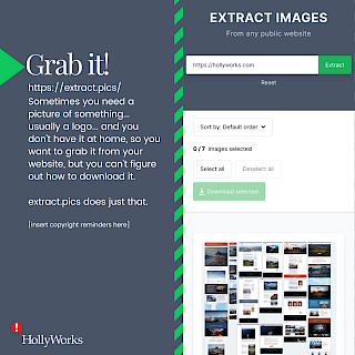 surprised at how often I use this...And if I find it useful, you may as well. Extract.pics does just that. Pop in a public website and it delivers a world of options including viewing, size, download, and download multi-select.